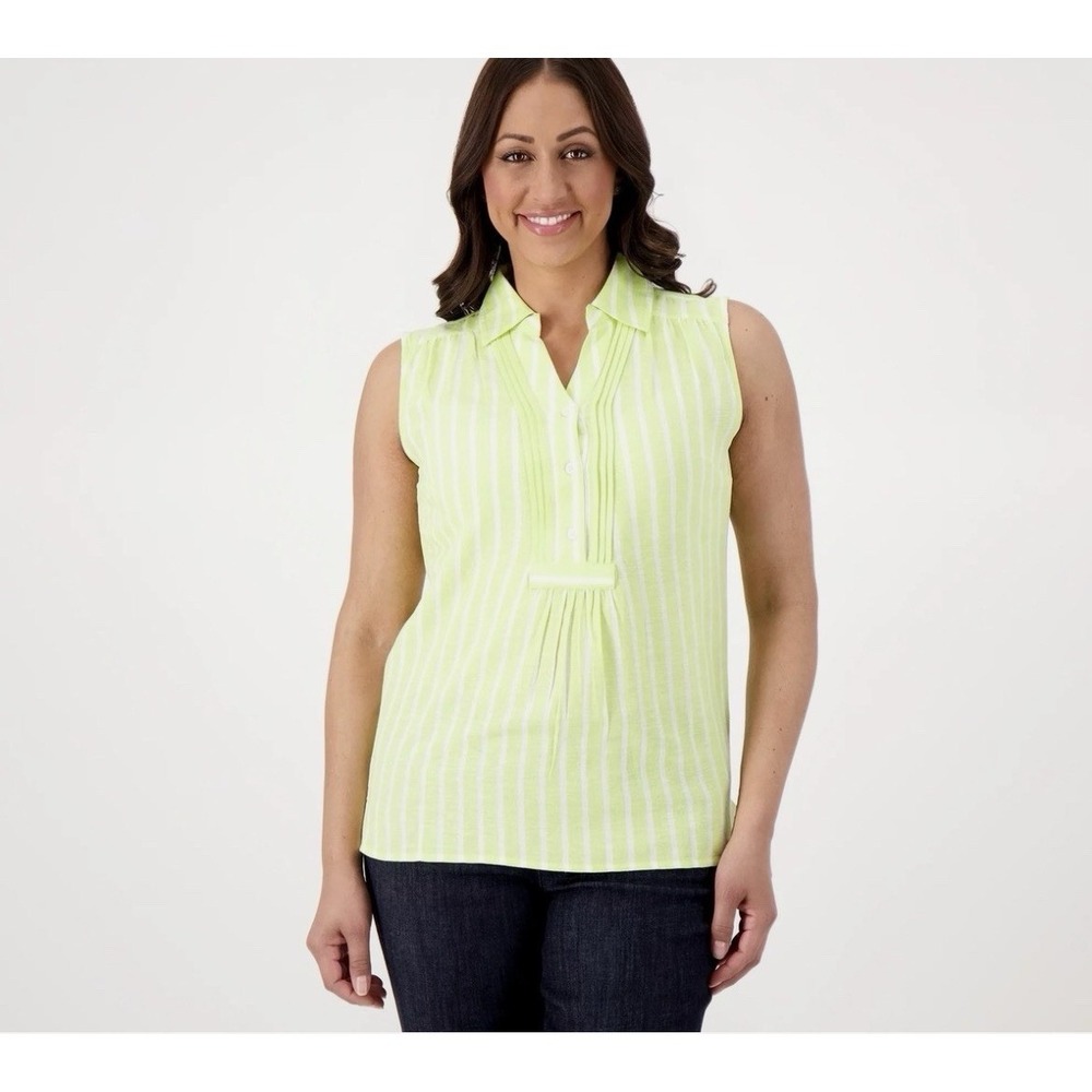 Denim & Co. Sleeveless Button Front Shirt Sunny Lime Size 1X Gauzy Beach Resort